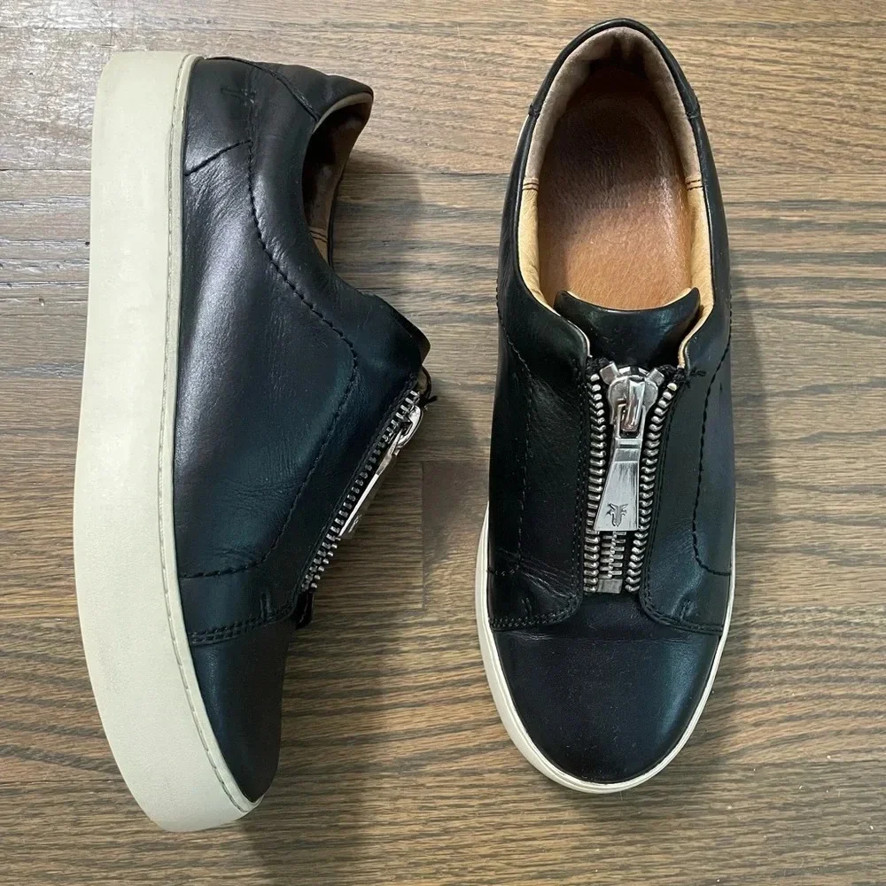 FRYE Lena Zip Up Platform Black Polished Soft Full Grain Leather Sneaker Size 7